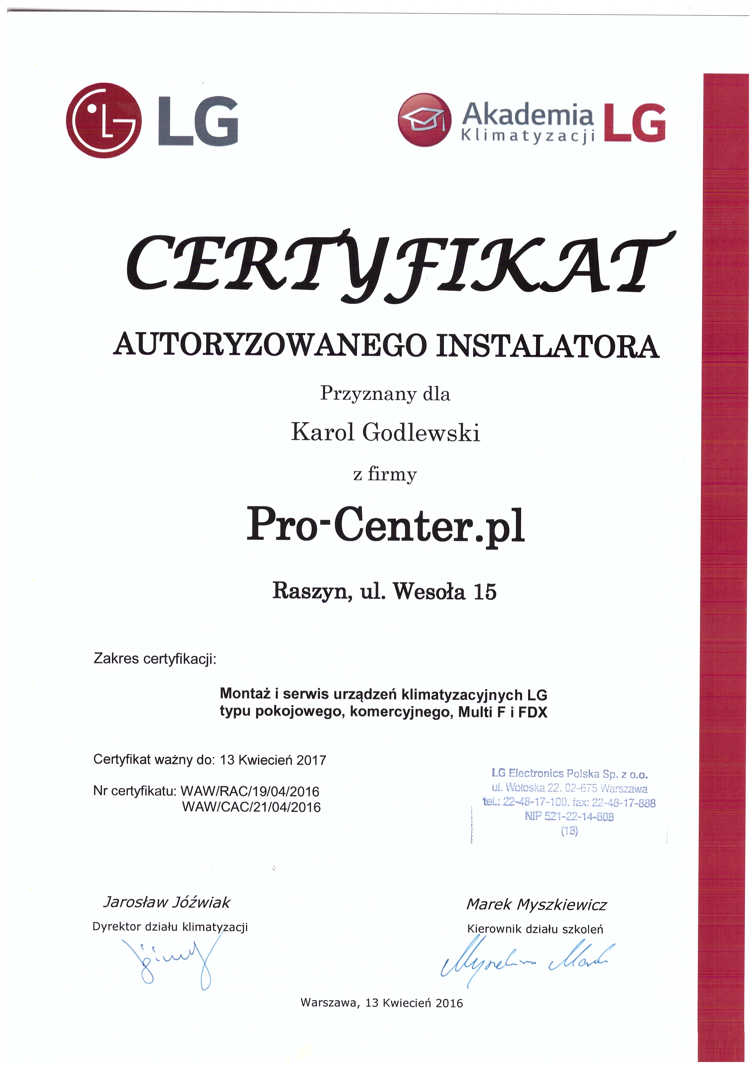 Certyfikat LG 2016